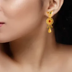 Stylish And Innovative 22k Gold Earrings With A Red Stone