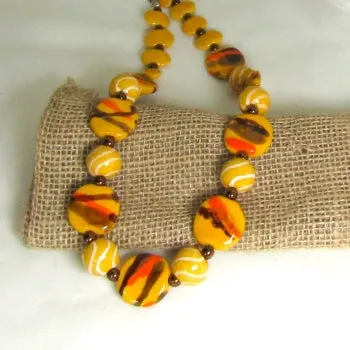 Sunshine Yellow  Orange and Brown Kazuri Necklace