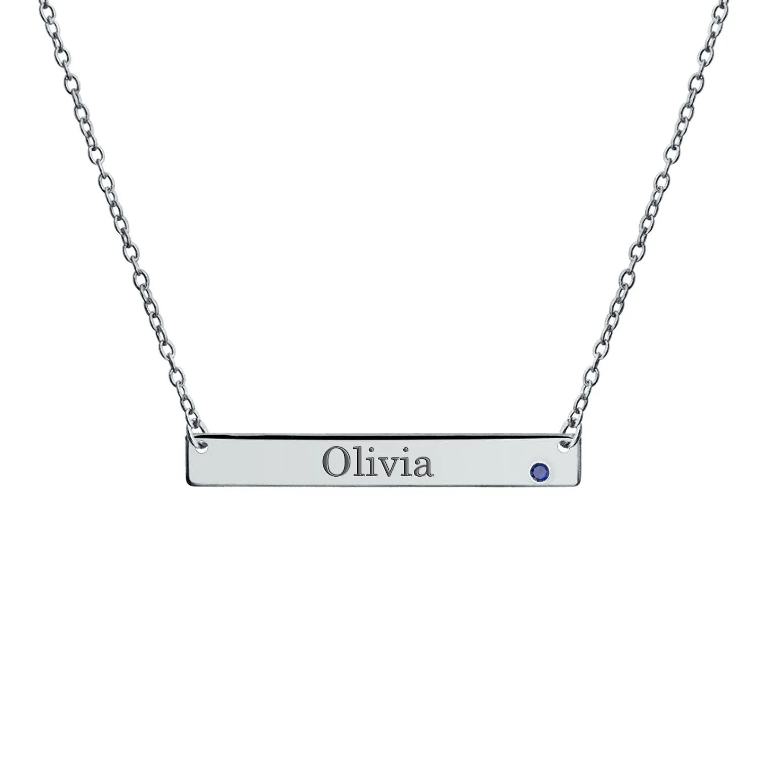 Thin Sideways Bar Name Plate Pendant Necklace with Birth Month Crystal Silver