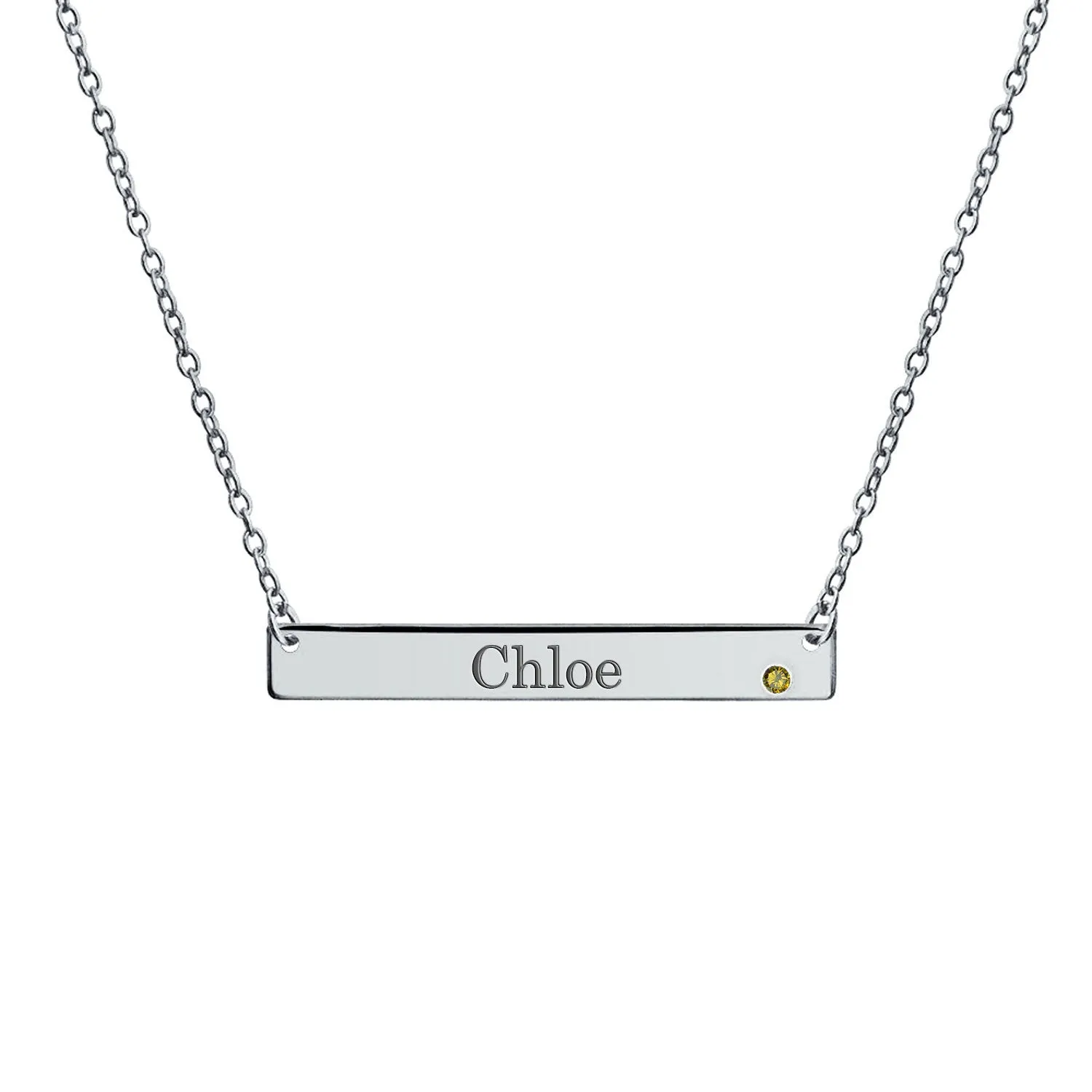 Thin Sideways Bar Name Plate Pendant Necklace with Birth Month Crystal Silver