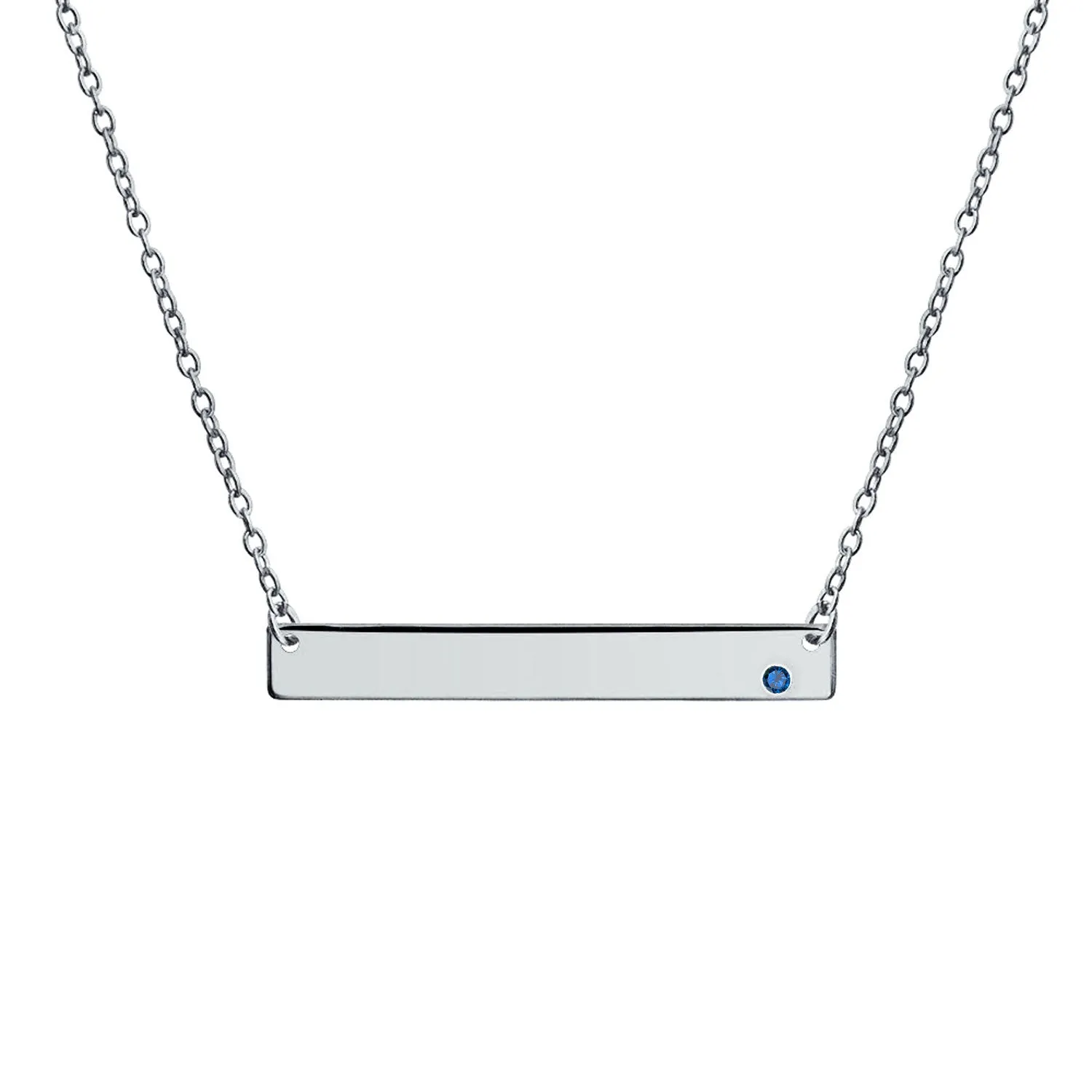 Thin Sideways Bar Name Plate Pendant Necklace with Birth Month Crystal Silver