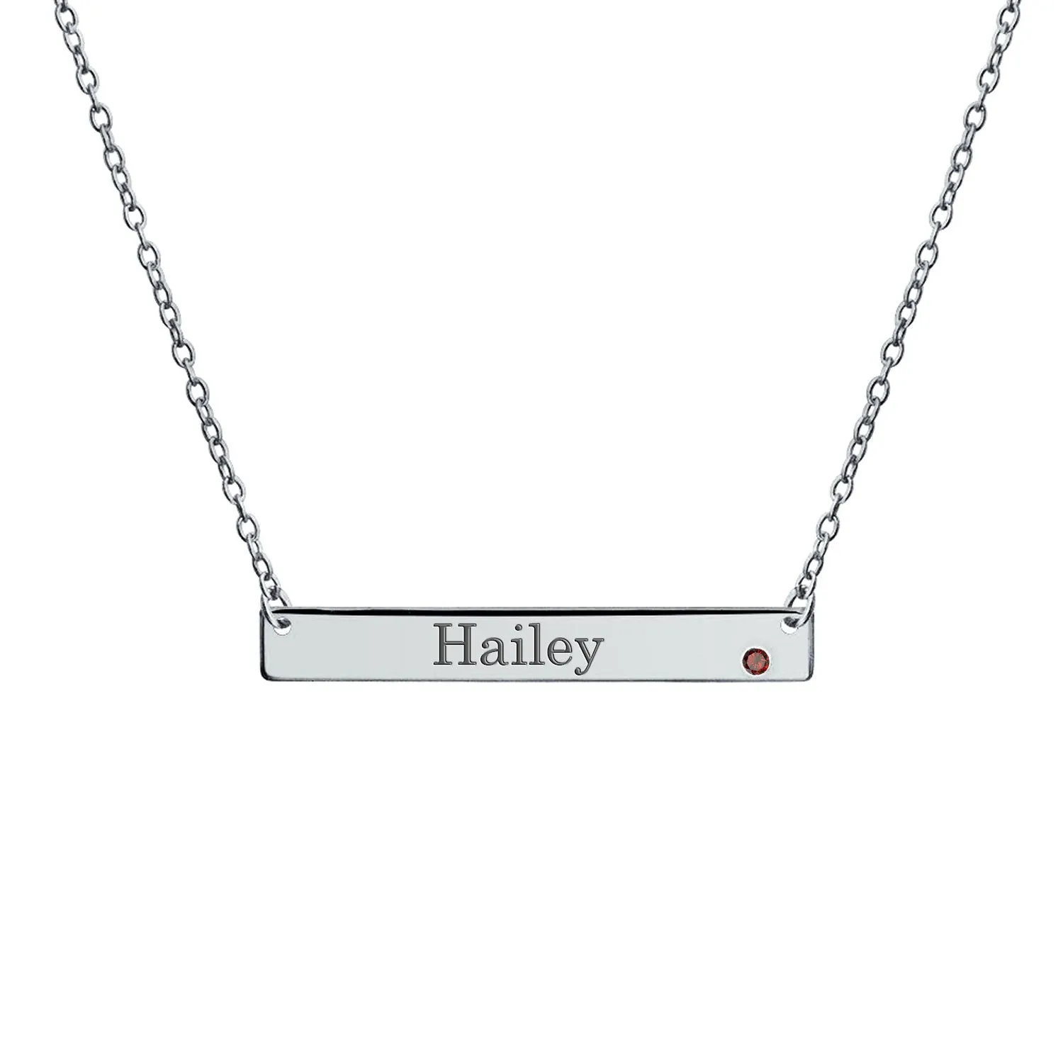 Thin Sideways Bar Name Plate Pendant Necklace with Birth Month Crystal Silver