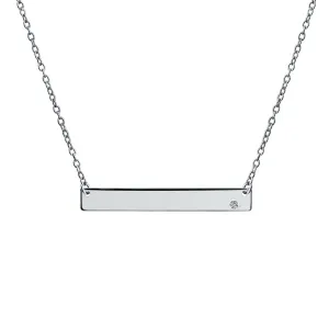 Thin Sideways Bar Name Plate Pendant Necklace with Birth Month Crystal Silver