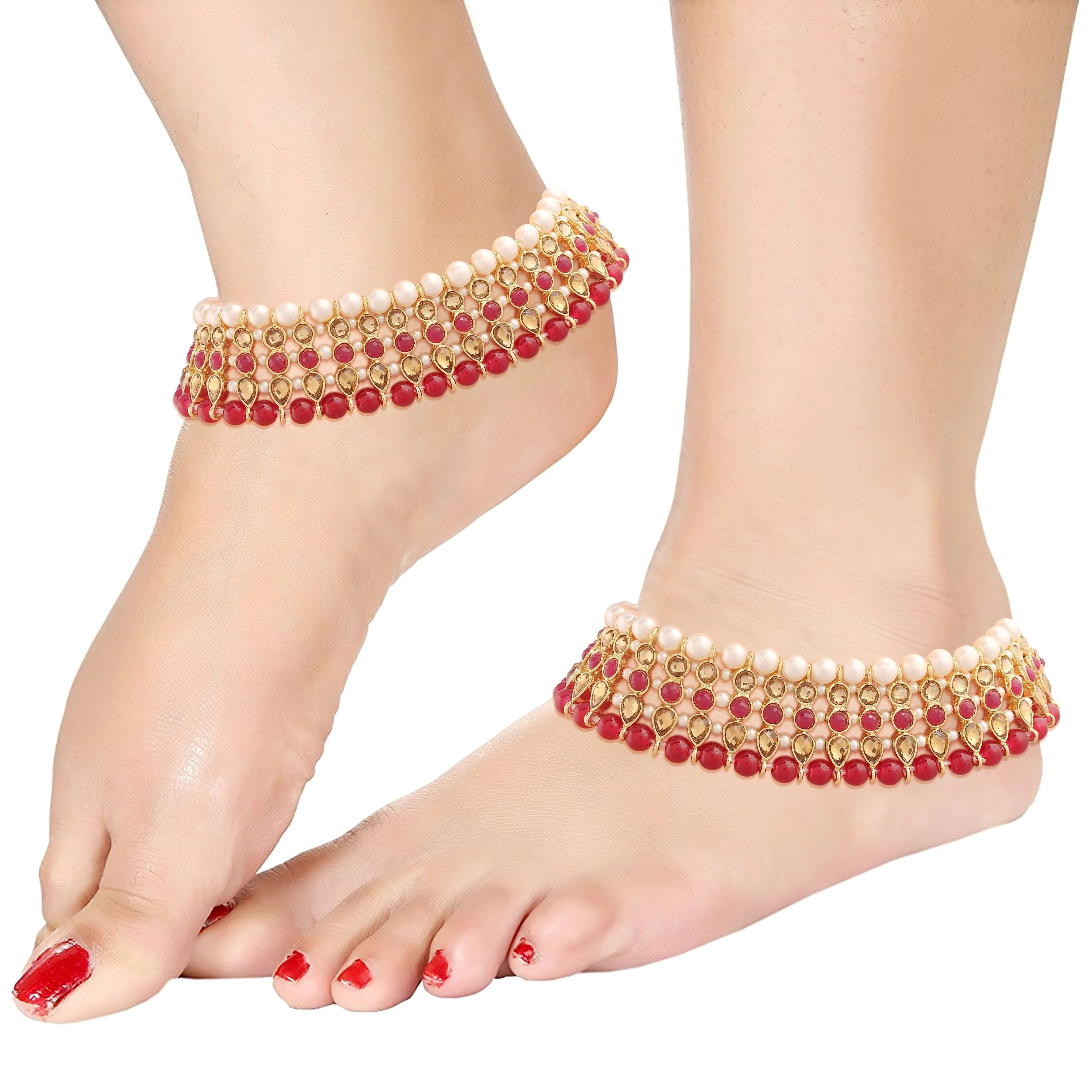 Traditional Alloy Gold Plated Kundan Pearl Payal Anklet for Women