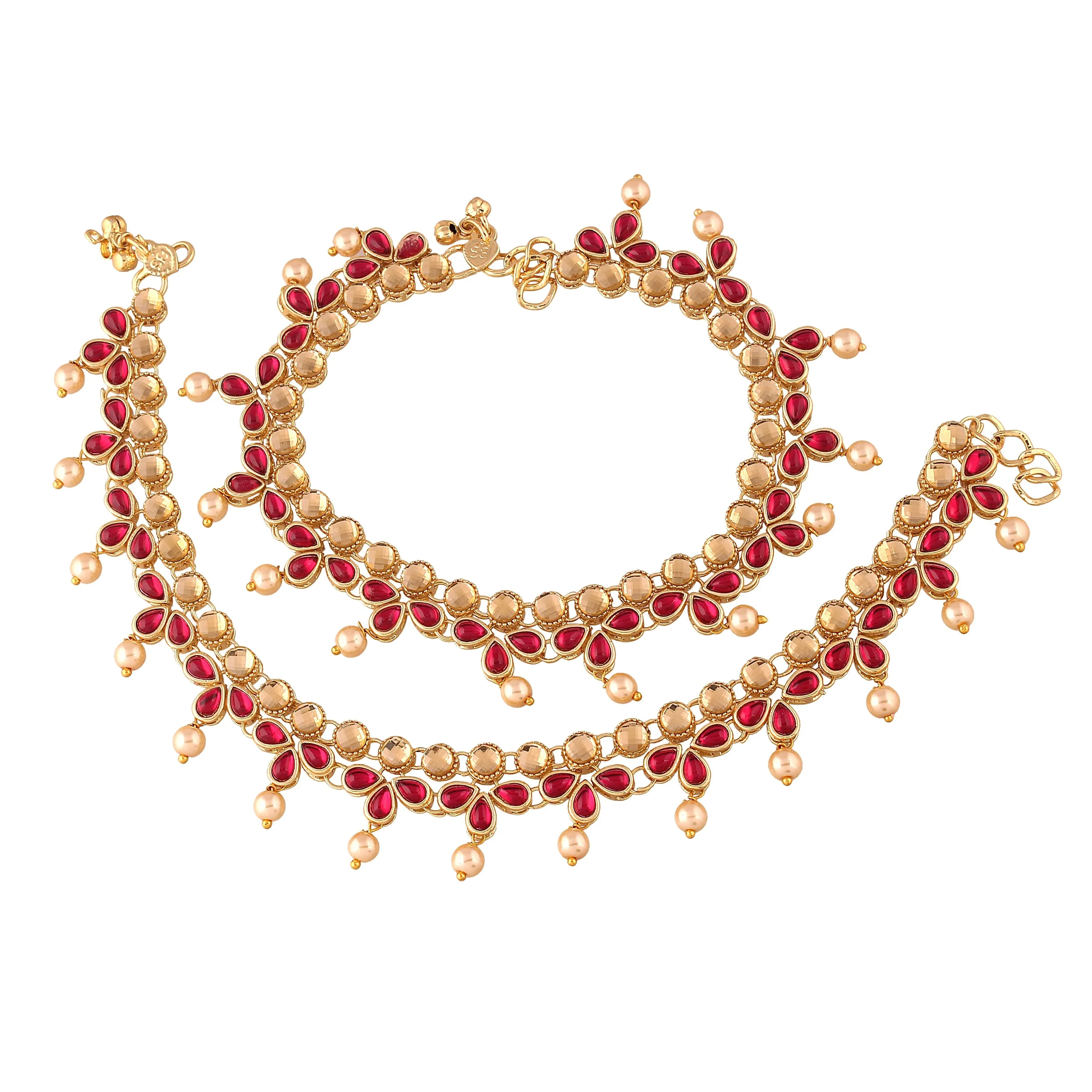 Traditional Gold Plated Kundan Pearl Payal Anklet For Girls & Women