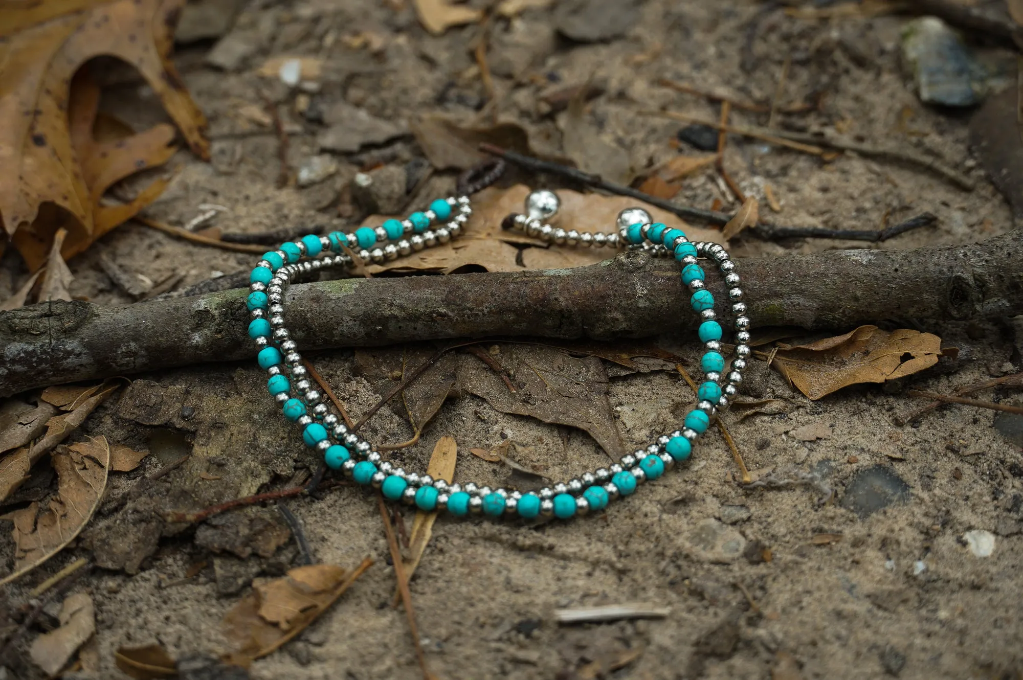 Turquoise Dual Band Boho Silver Anklet