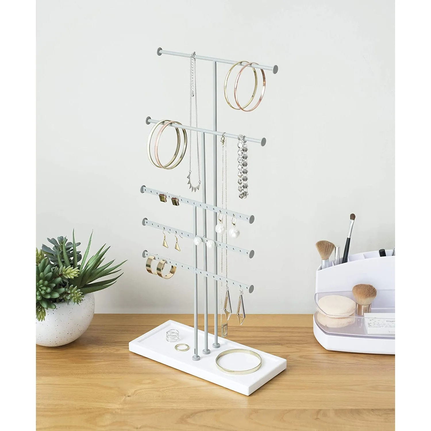 Umbra Trigem 5 Tiered Jewelry Organizer Freestanding Display with Base, White-Gray