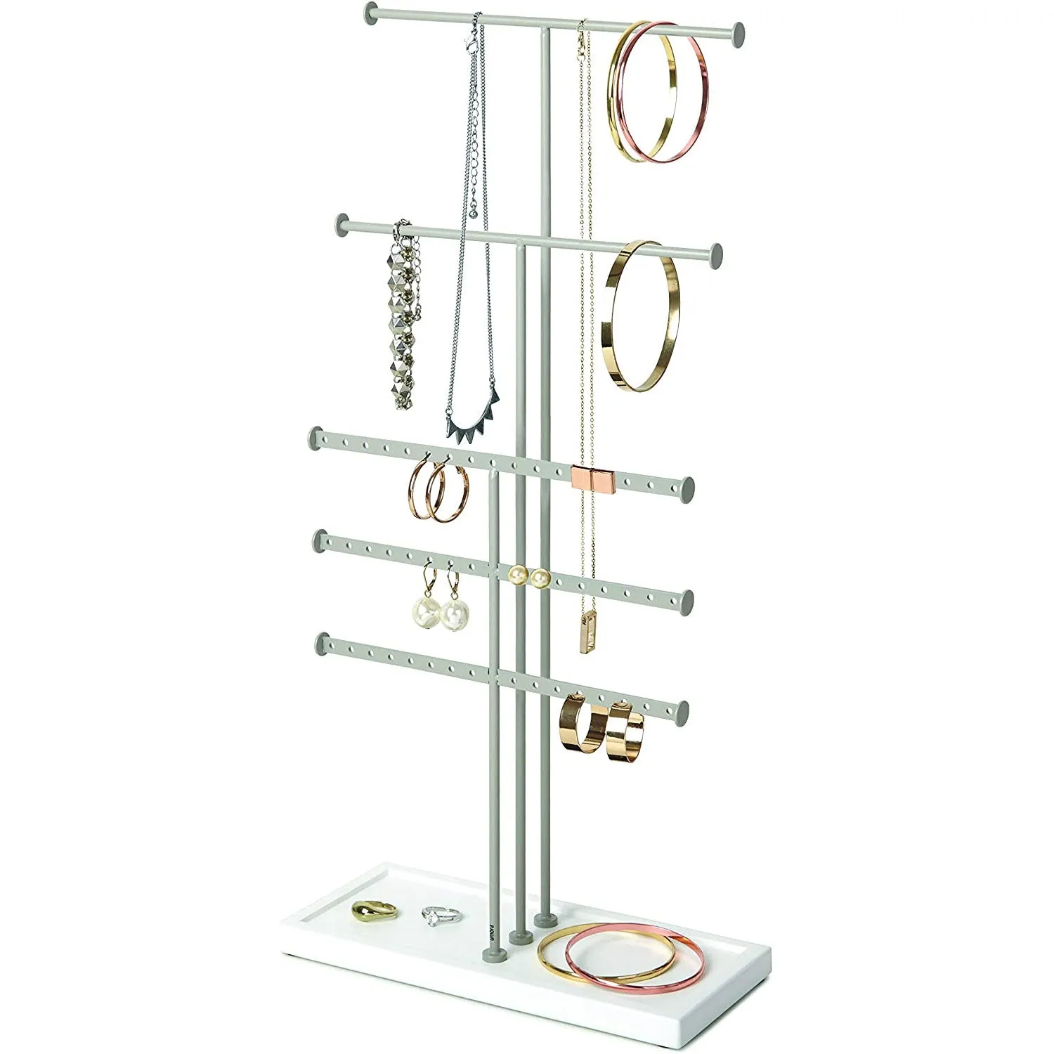 Umbra Trigem 5 Tiered Jewelry Organizer Freestanding Display with Base, White-Gray