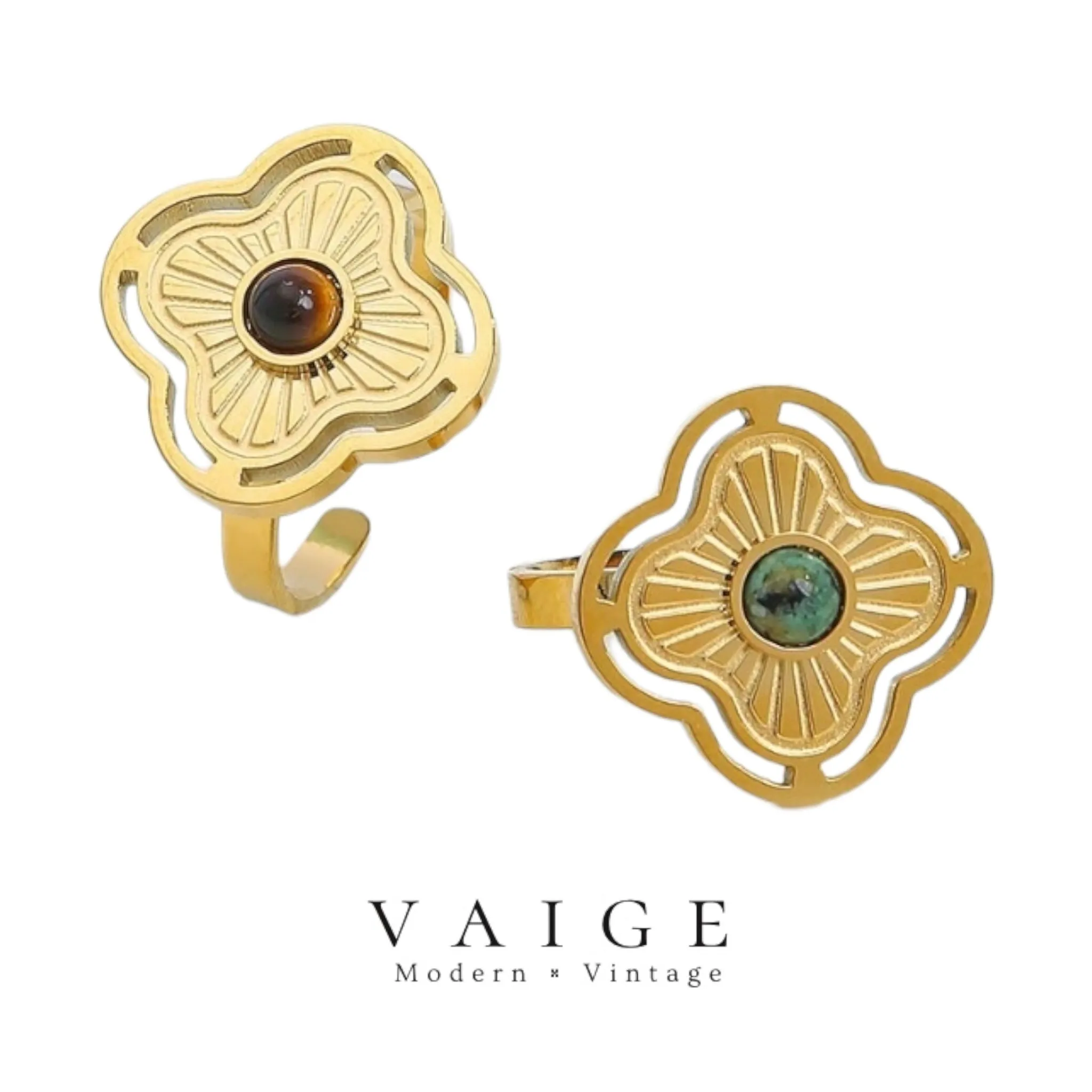 VAIGE Radiant Gold Clover Natural Stone Ring in Elegant Green and Rich Brown