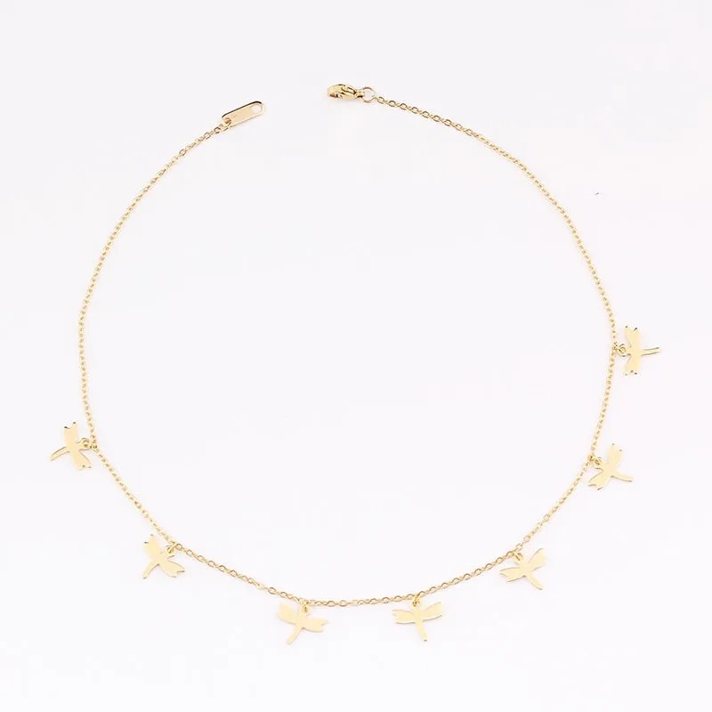 VenusFox fashion Women Simple Gold Stainless Steel Star Butterfly Dragonfly Round Tassels Non-fading Party Necklace Neck Chains Choker