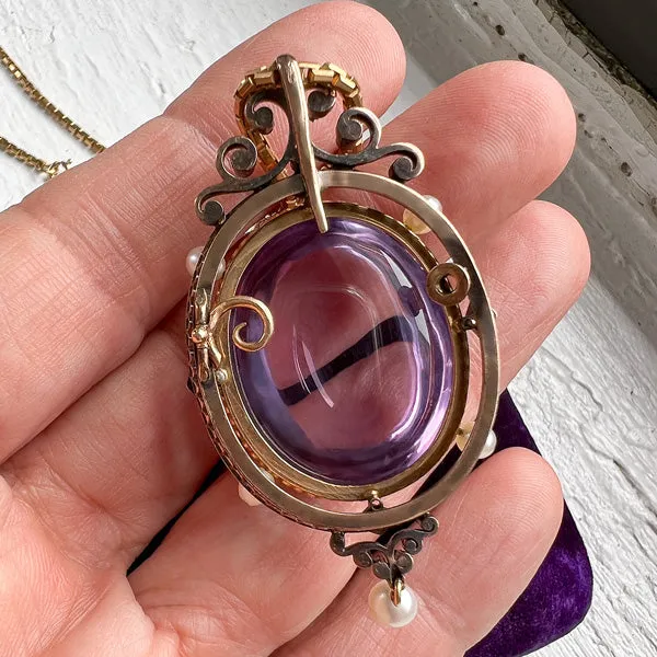 Victorian Cabochon Amethyst, Pearl & Diamond Pin Pendant