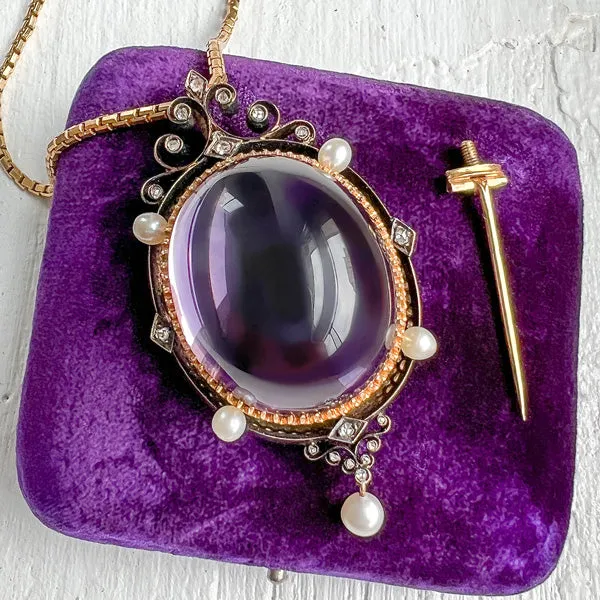 Victorian Cabochon Amethyst, Pearl & Diamond Pin Pendant