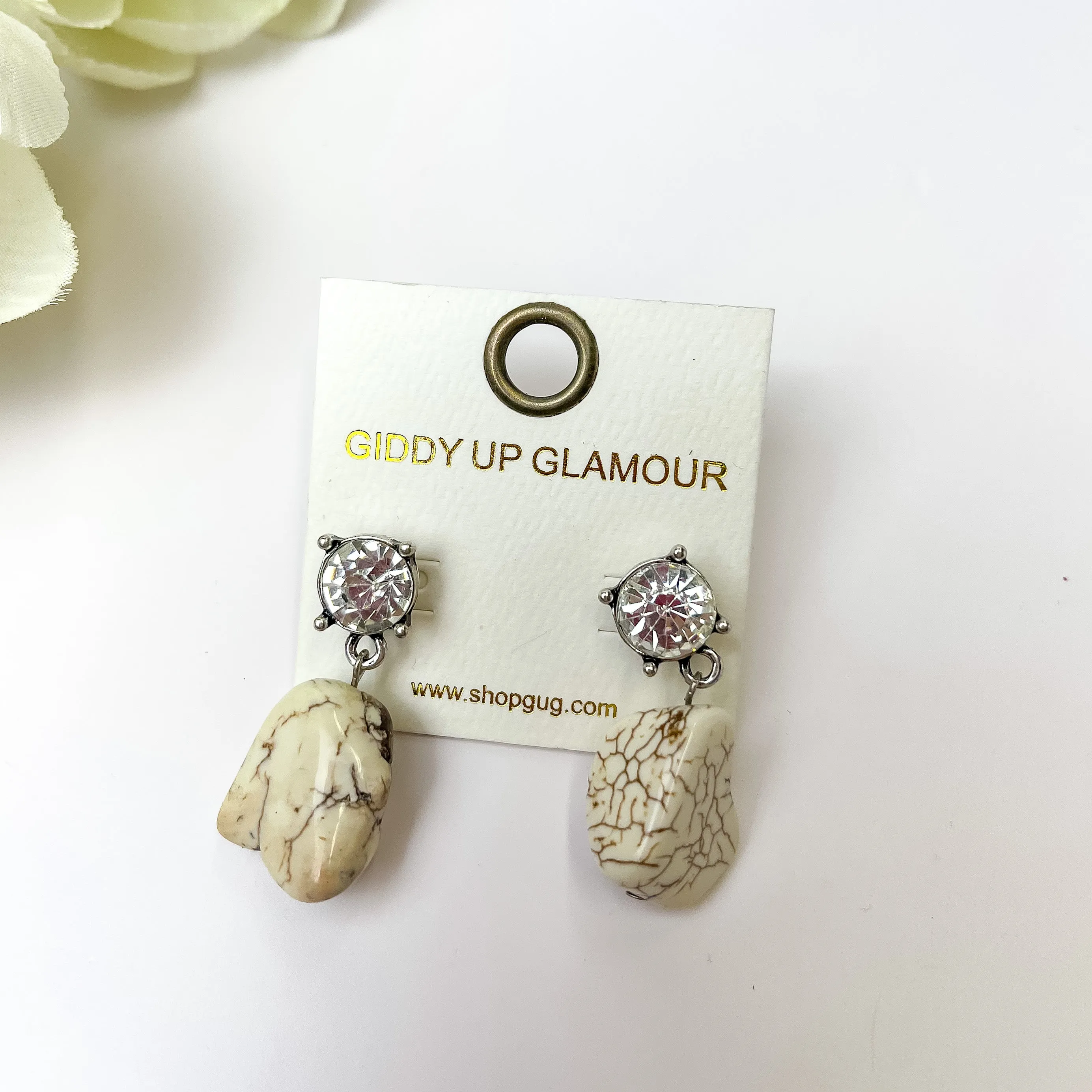 White Marbled Drop Earrings With Clear Crystal Studs