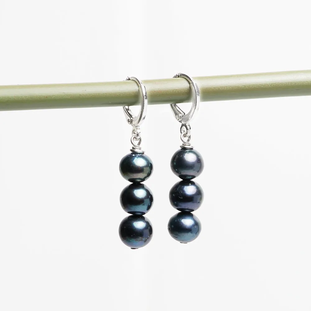 Women's Pearl Earrings - Black | Triple Pearl Beads Dangle Drop Hoop Leverback Earrings | Gift for Her