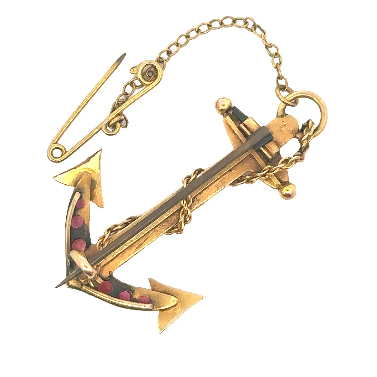 Yellow Gold Ruby and Seed Pearl Anchor Brooch