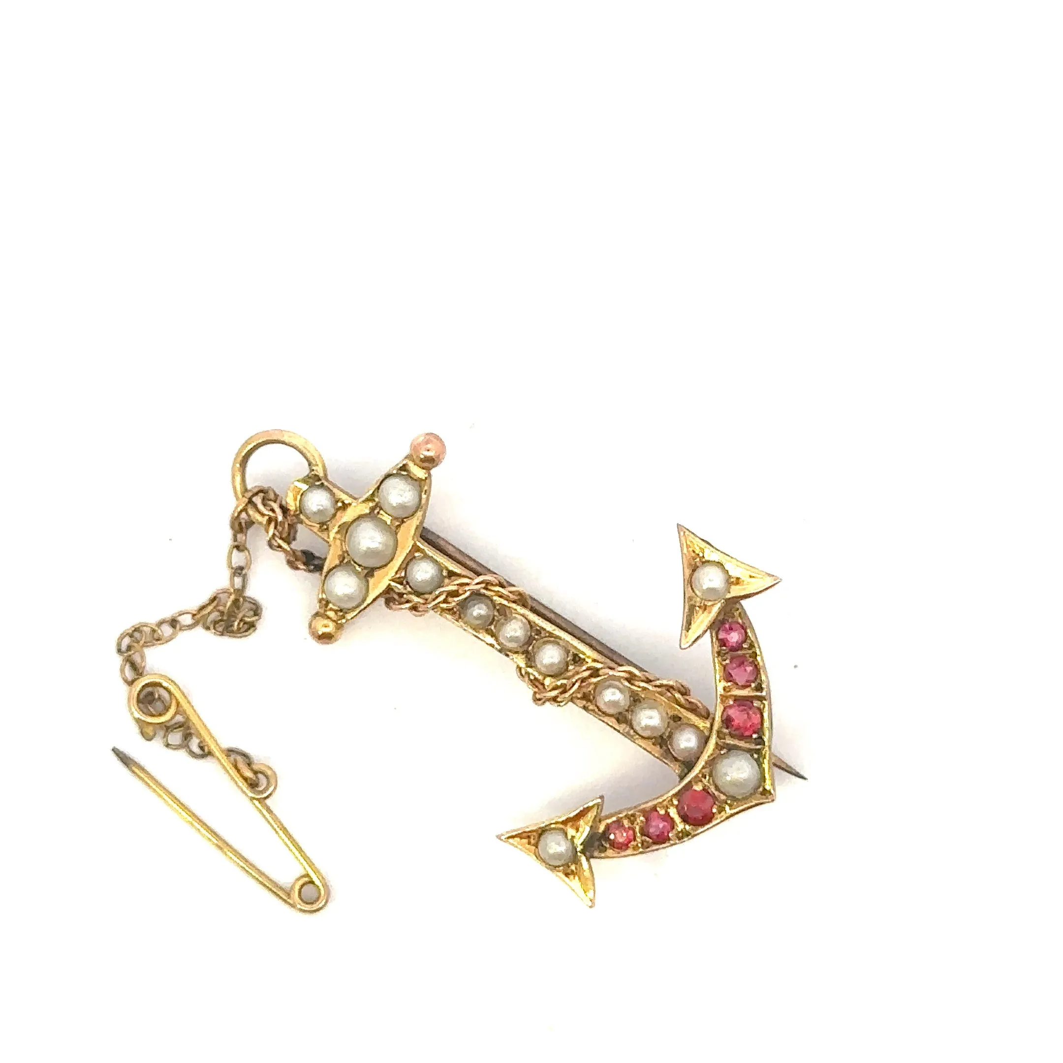 Yellow Gold Ruby and Seed Pearl Anchor Brooch