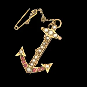 Yellow Gold Ruby and Seed Pearl Anchor Brooch