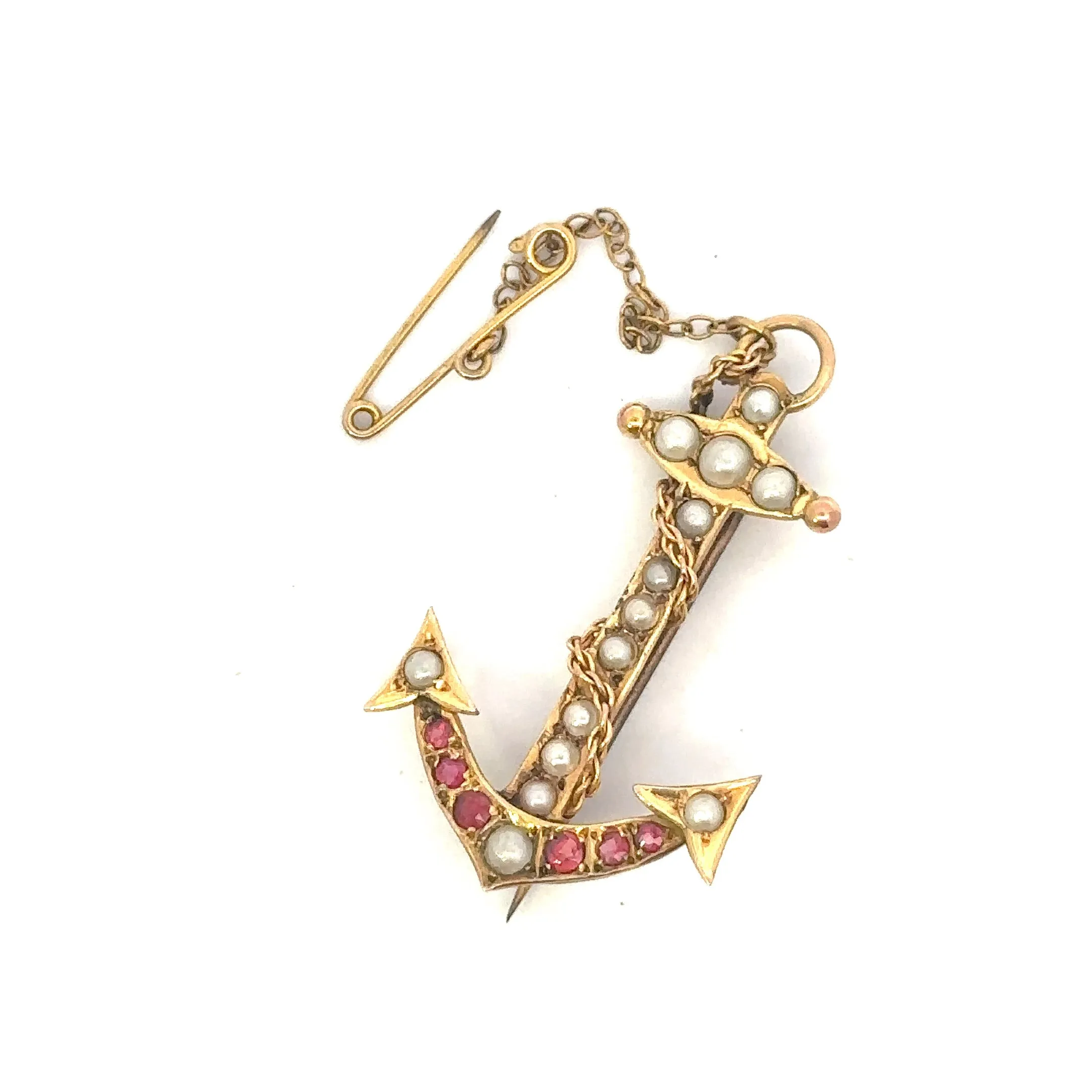 Yellow Gold Ruby and Seed Pearl Anchor Brooch