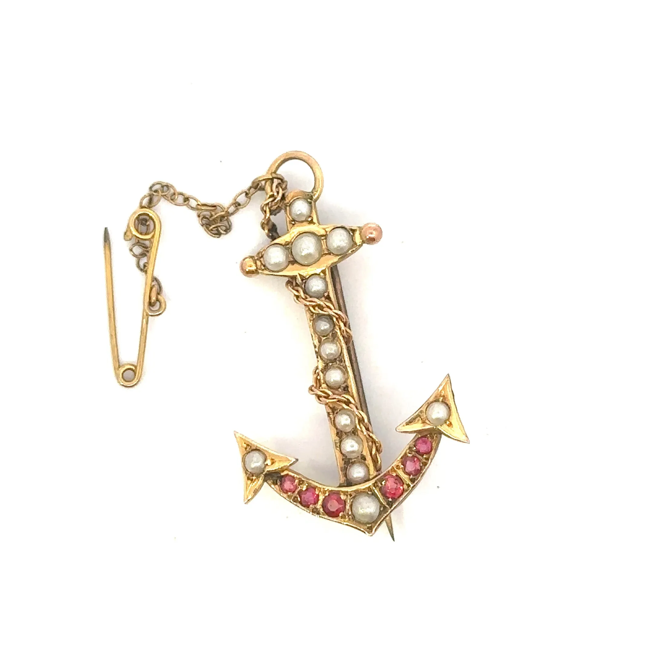 Yellow Gold Ruby and Seed Pearl Anchor Brooch