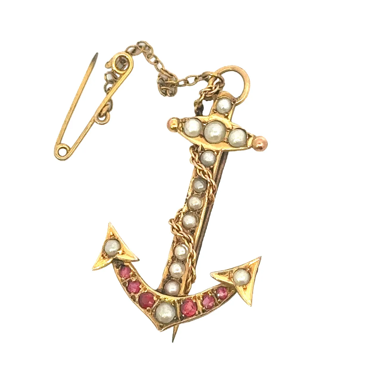 Yellow Gold Ruby and Seed Pearl Anchor Brooch