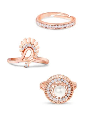 ZAVERI PEARLS Set of 3 Rose Gold Contemporary Cubic Zirconia Brass Adjustable Rings For Women-ZPFK11173