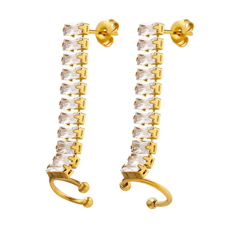 Zircon Inlaid Ear Clip Earrings with Stylish Four-Claw Buckle